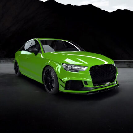 Installed carbon fibre front splitter lip on Audi RS3 8V Saloon gloss-finish aero upgrade with OEM fitment