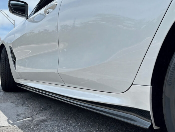 Installed Pre-Preg Carbon Fibre Side Skirts On Bmw 8 Series G16 Gloss-Finish Rocker Extensions With Oem Fitment