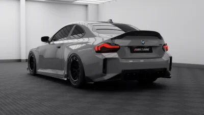 Rear Three-Quarter View Of Bmw G87 M2 In Grey With Full Asm Carbon Fibre Kit Including Diffuser, Spoiler, And Side Extensions
