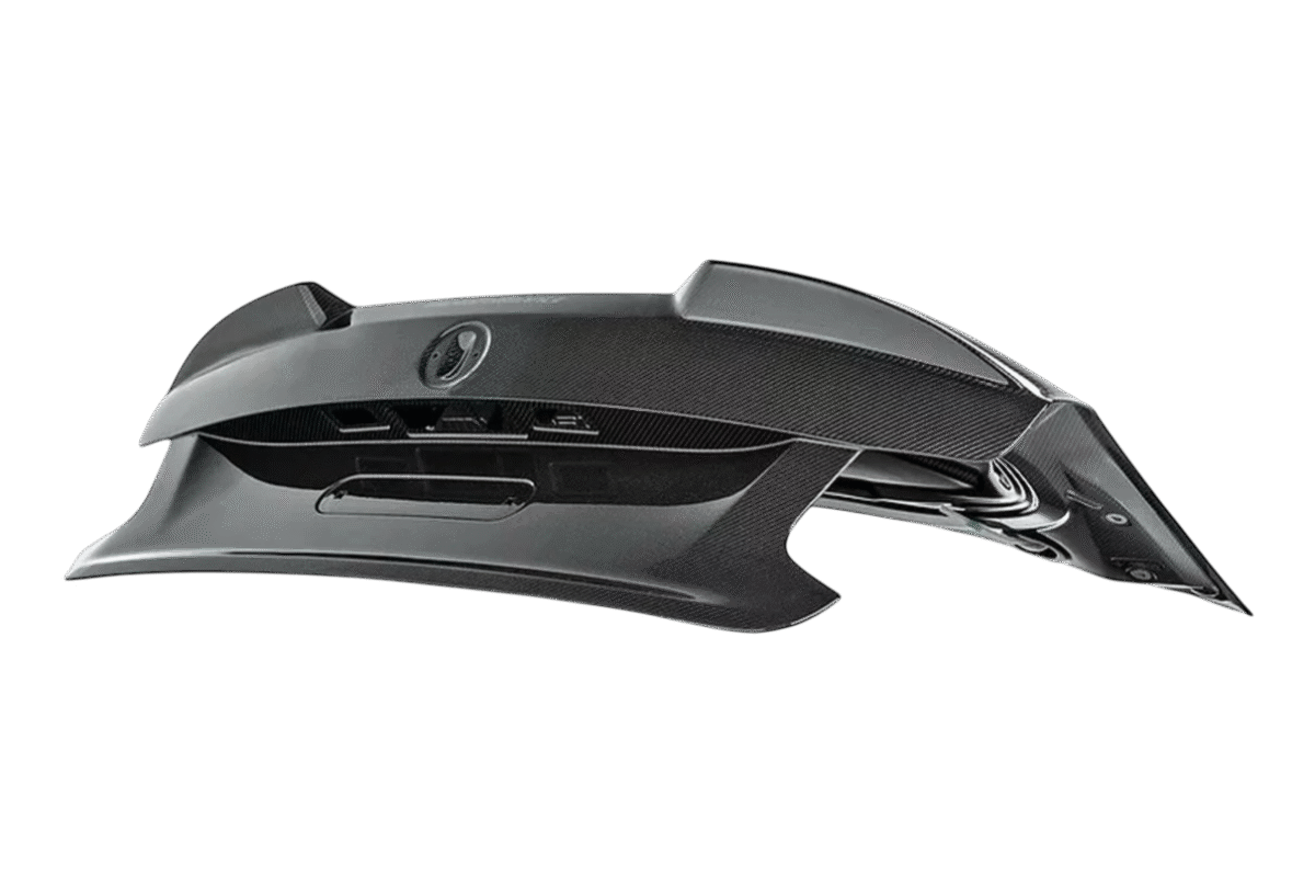 BMW M2 F87 CSL style carbon fibre trunk – angled overview of lightweight boot lid upgrade for 2 Series F22