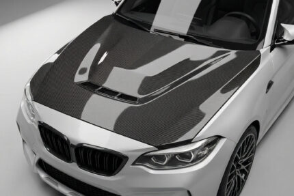 BMW M2 F87 / M2 Competition F22 pre-preg carbon fibre bonnet – top front view with central vent and lightweight profile