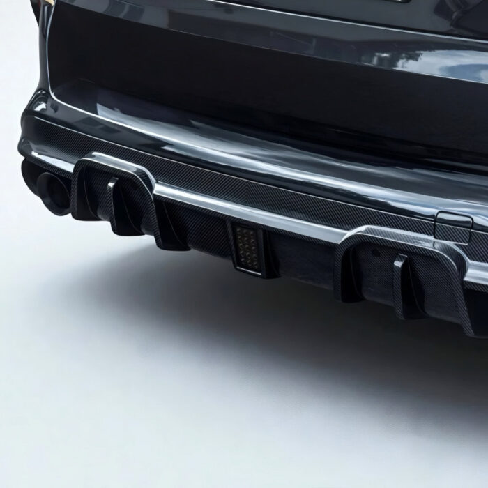 Side Angle View Of Bmw X5M F95 Carbon Fibre Rear Diffuser With Integrated Brake Light – Asm Performance Design
