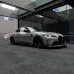 Architectural background shot of grey BMW M4 G82 highlighting ASM carbon fibre side skirts