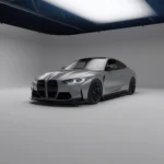 front angle of grey BMW M4 G82/G83 showcasing ASM dry carbon front splitter in studio lighting