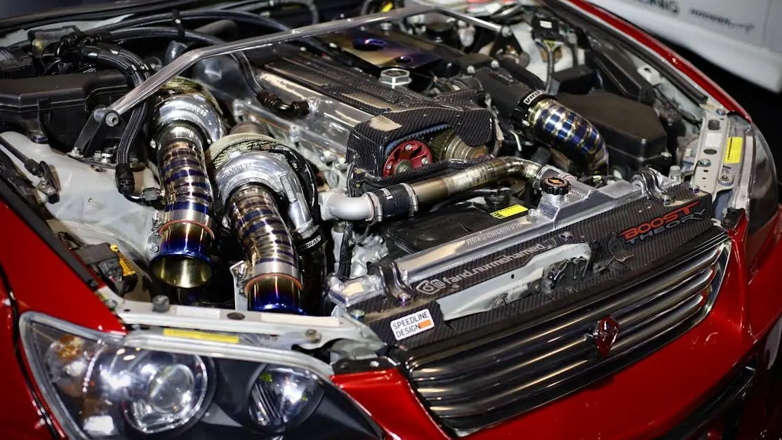 High-performance engine with twin turbochargers showcasing aftermarket automotive parts