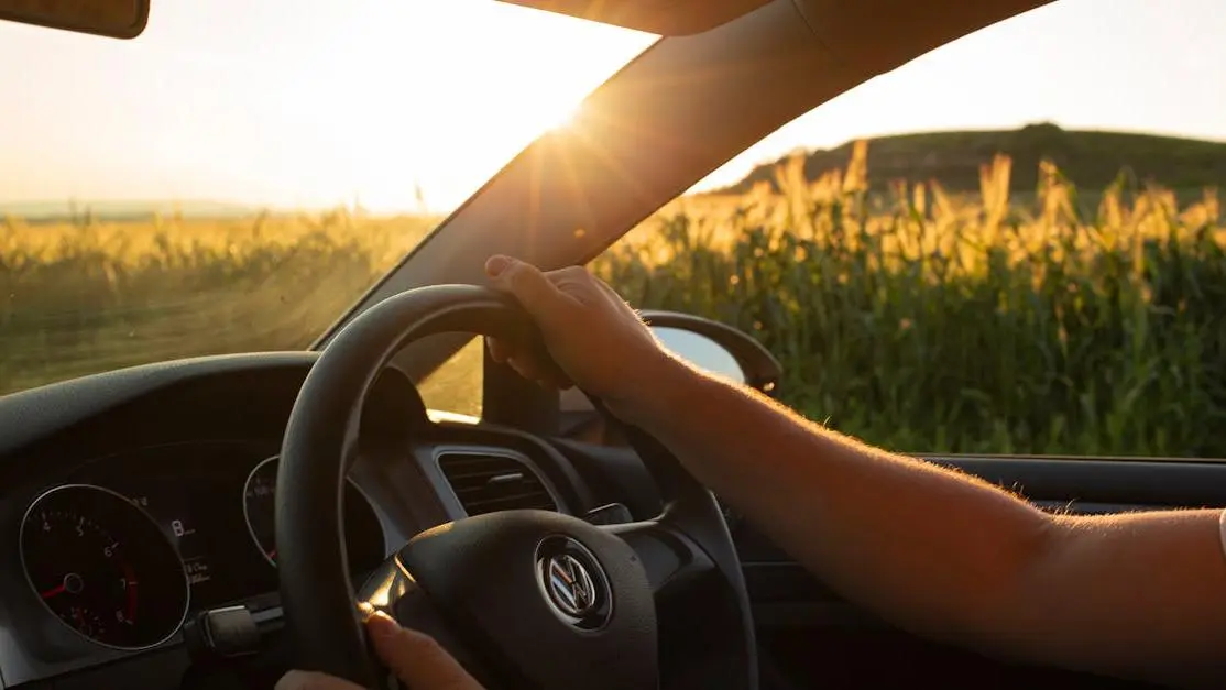Sunset Countryside Drive View With Drifting Steering Wheel Centered In The Foreground