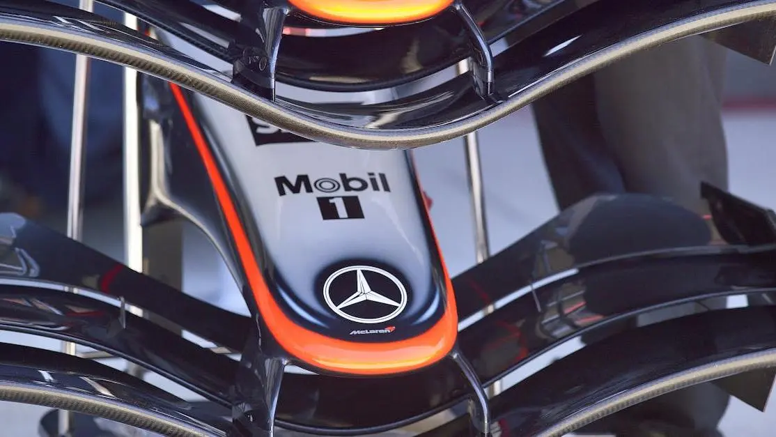 Formula one car parts: detailed front wing of a Mercedes F1 at Indianapolis