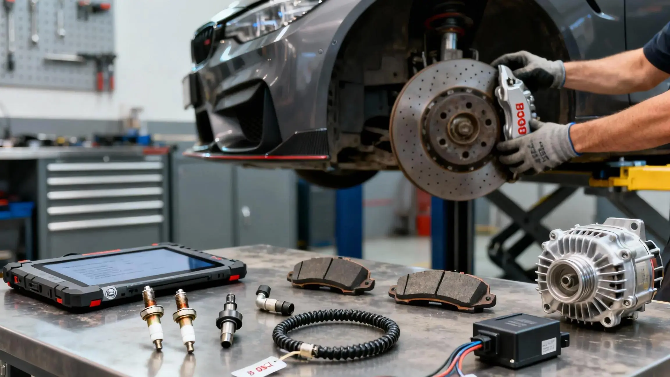 Bosch aftermarket automotive parts for enthusiasts—spark plugs, filters, diagnostics on workbench