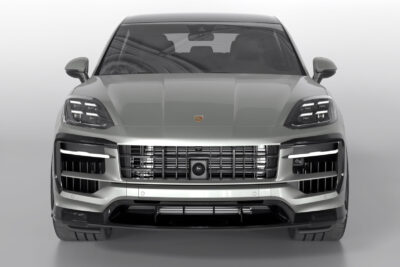 Installation view of dry carbon front bumper canards on Porsche Cayenne Turbo GT
